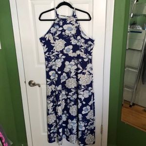 White Flower with Blue Print Halter Maxi Dress